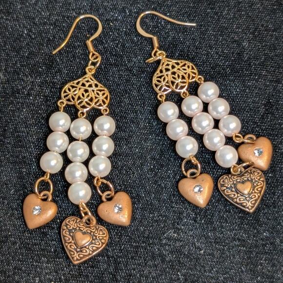 Rose Tone Triple Pearl Strand Dangle Hearts Earrings - Picture 3 of 4